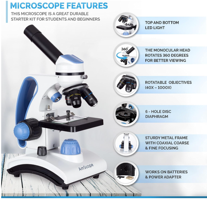 AmScope Compound Microscope | 40X-1000X All-Metal Microscope, Includes Slides & Microscope Book, Award-Winning Kids Kit