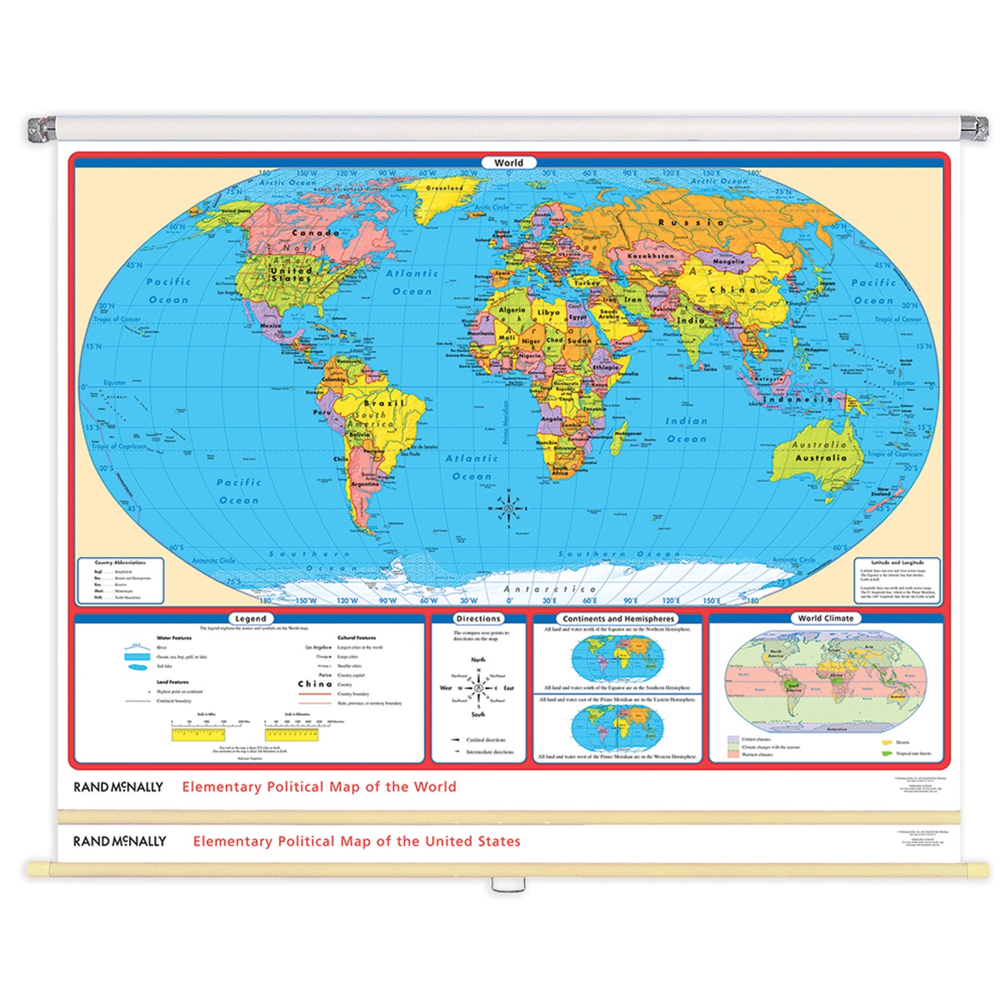 Pull Down Wall Maps - Elementary Political World & US 2 Map Set | Rand McNally | 70in. x52in