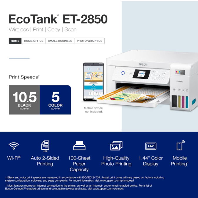 Epson EcoTank ET-2850 | Wireless Color All-in-One Cartridge-Free Supertank Printe | with Scan, Copy and Auto 2-Sided Printing (ET-2850)