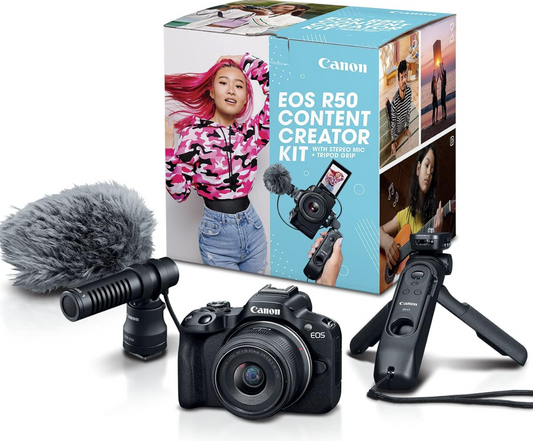 Canon EOS R50 Content Creator Kit | Hybrid Mirrorless Camera | with RF-S18-45mm F4.5-6.3 IS STM Lens | Tripod Grip | Microphone | Wireless Remote Control | 24.2 MP CMOS (APS-C) Sensor