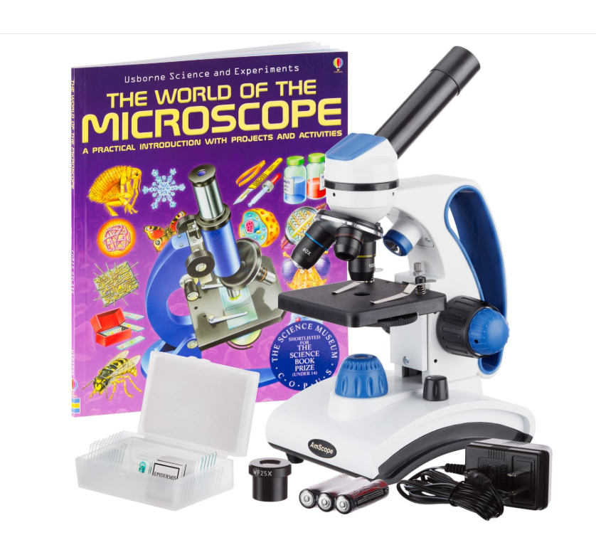 AmScope Compound Microscope | 40X-1000X All-Metal Microscope, Includes Slides & Microscope Book, Award-Winning Kids Kit