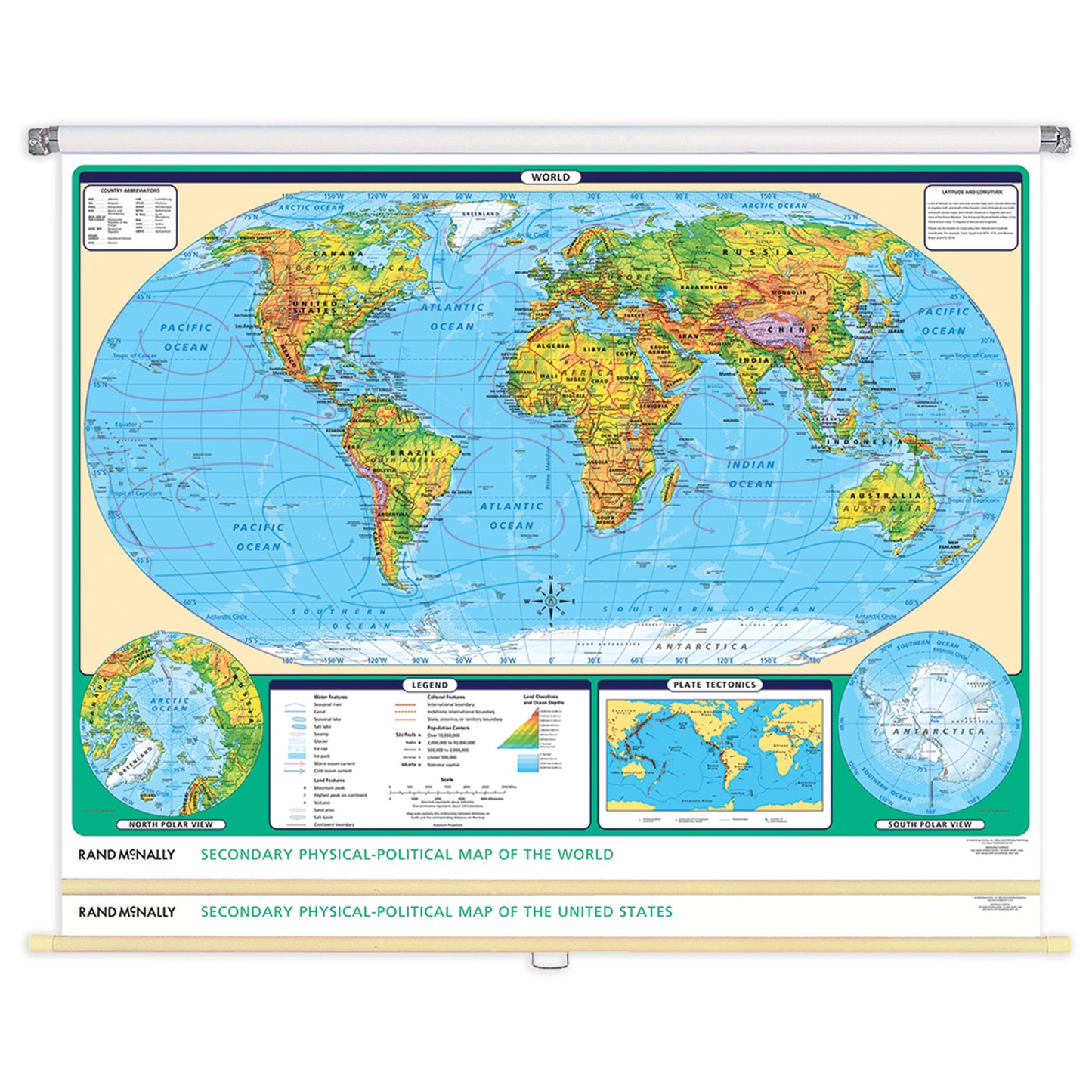 Pull Down Wall Maps - Secondary Physical-Political World & US 2 Map Set | Rand McNally | 70in. x52in