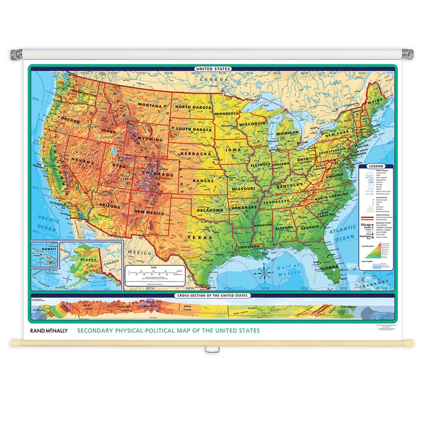 Pull Down Wall Maps - Secondary Physical-Political World & US 2 Map Set | Rand McNally | 70in. x52in